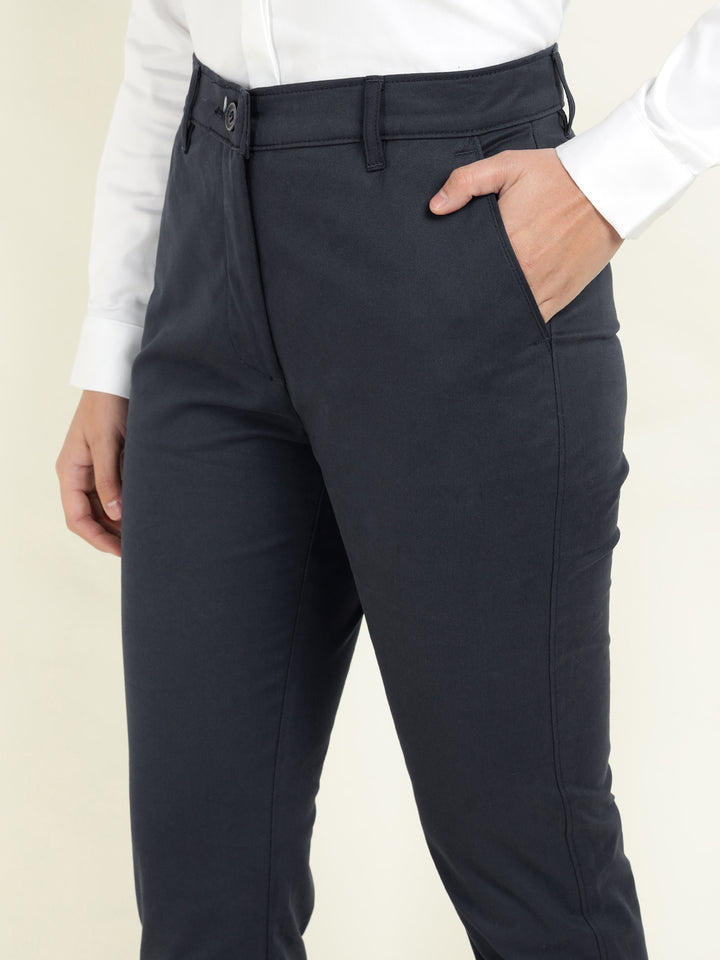 Hancock Women Navy Blue Solid Ciggarete Fit Mid-Rise Cotton Stretch Formal Trousers