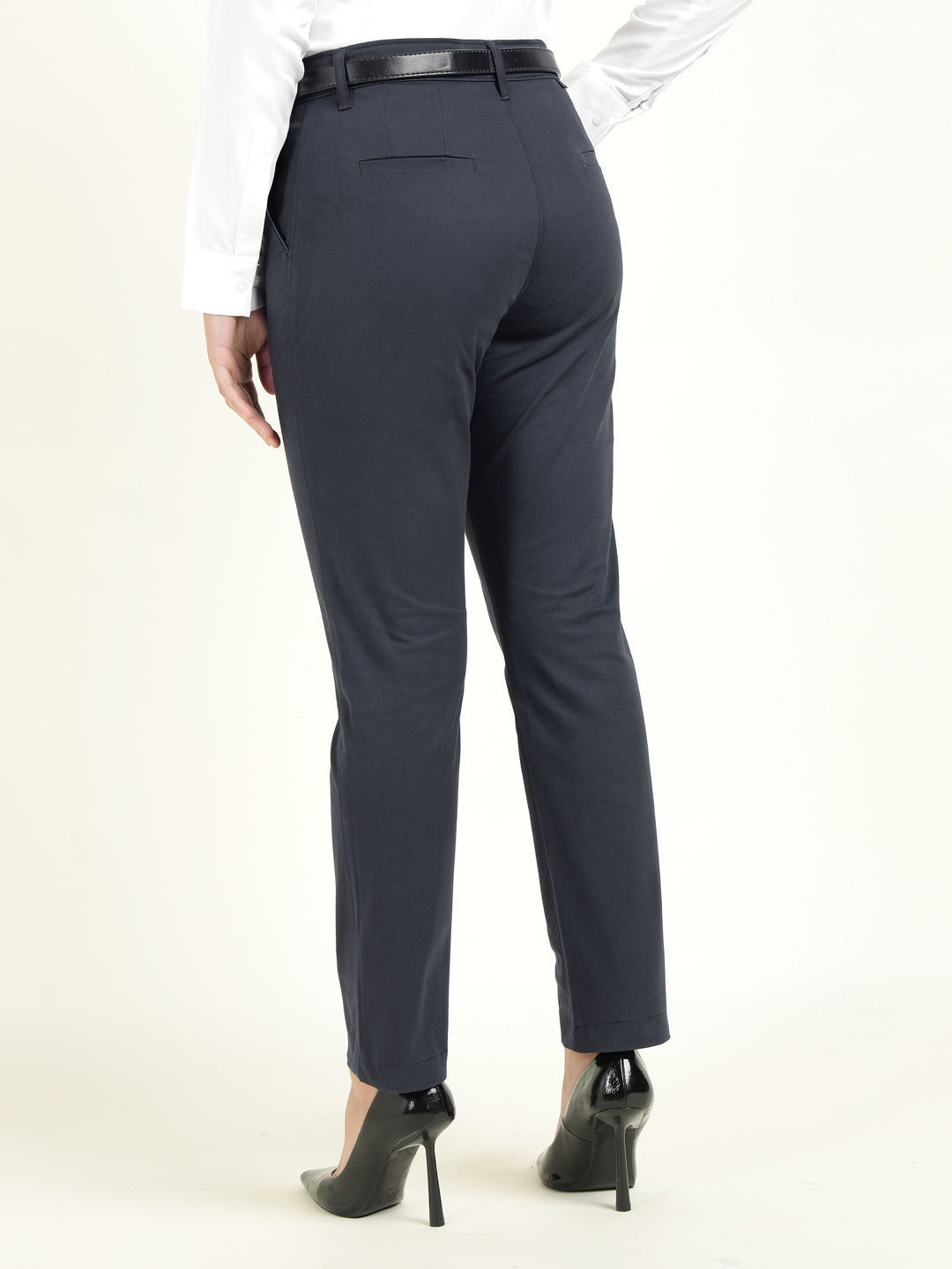 Hancock Women Navy Blue Solid Ciggarete Fit Mid-Rise Cotton Stretch Formal Trousers