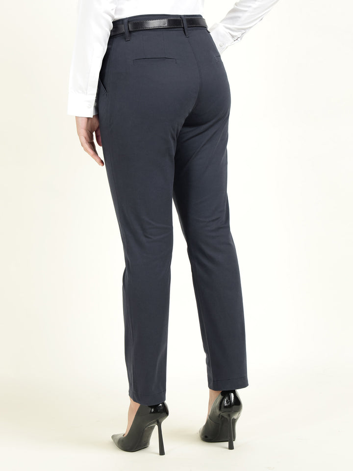 Hancock Women Navy Blue Solid Ciggarete Fit Mid-Rise Cotton Stretch Formal Trousers
