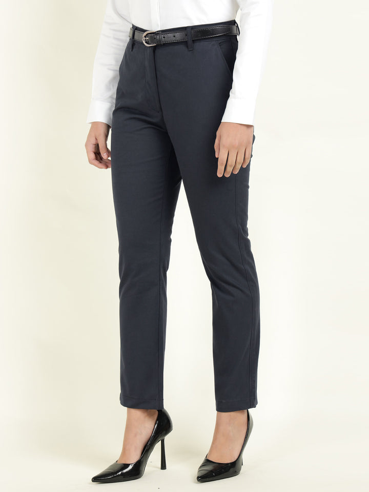 Hancock Women Navy Blue Solid Ciggarete Fit Mid-Rise Cotton Stretch Formal Trousers