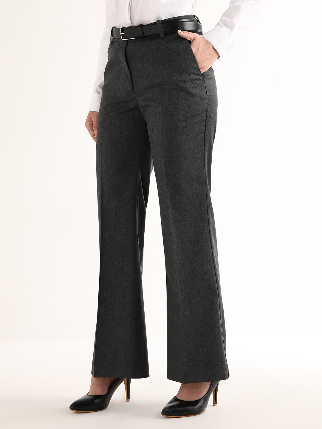 Hancock   Women   Charcoal Grey   Solids   Viscose Rayon   Wide Leg   Formal   Trouser