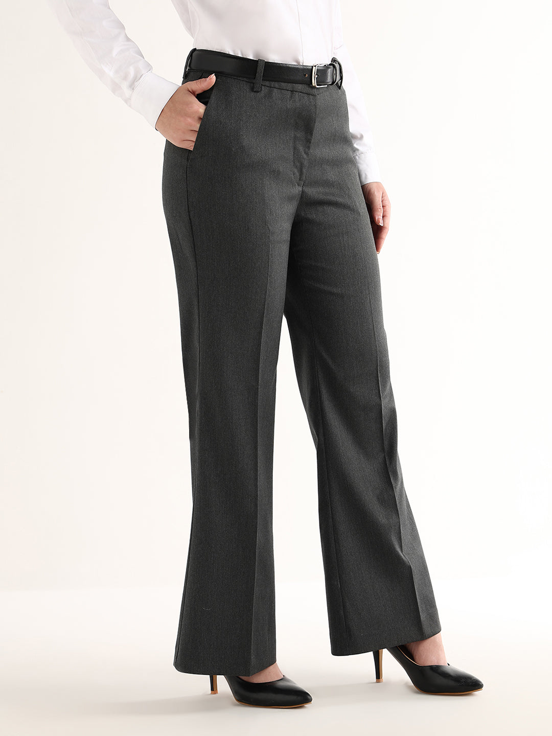 Hancock   Women   Charcoal Grey   Solids   Viscose Rayon   Wide Leg   Formal   Trouser