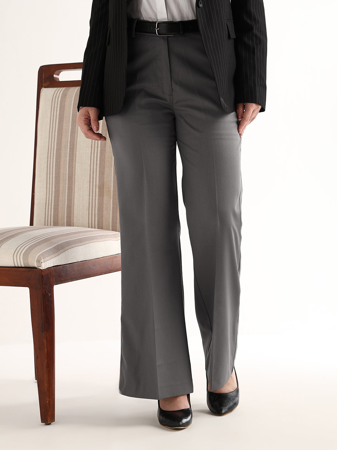 Hancock   Women   Gunmetal Grey   Solids   Viscose Rayon   Wide Leg   Formal   Trouser