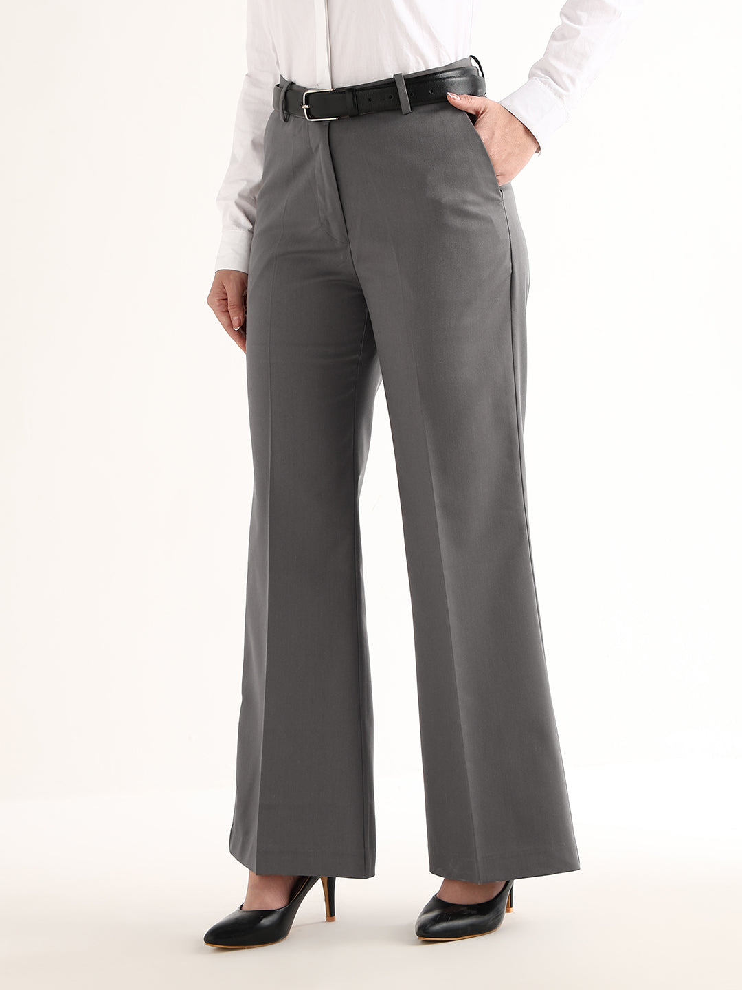 Hancock   Women   Gunmetal Grey   Solids   Viscose Rayon   Wide Leg   Formal   Trouser