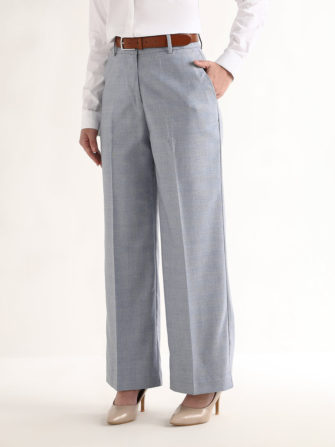 Hancock   Women   Blue   Checks   Viscose Rayon   Wide Leg   Formal   Trouser