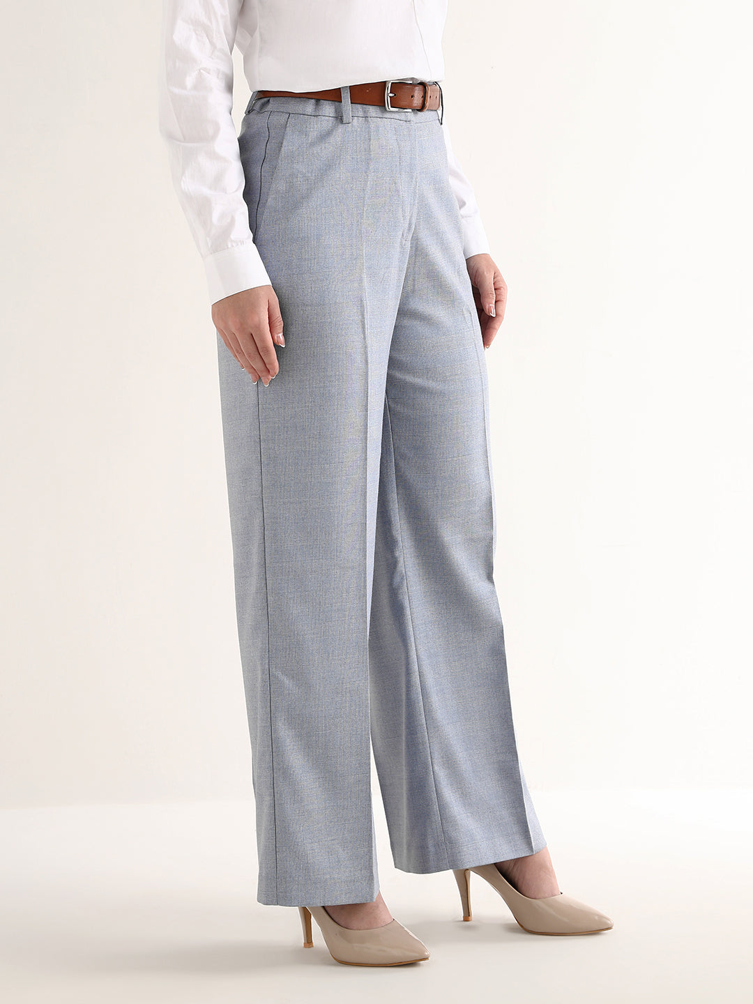 Hancock   Women   Blue   Checks   Viscose Rayon   Wide Leg   Formal   Trouser