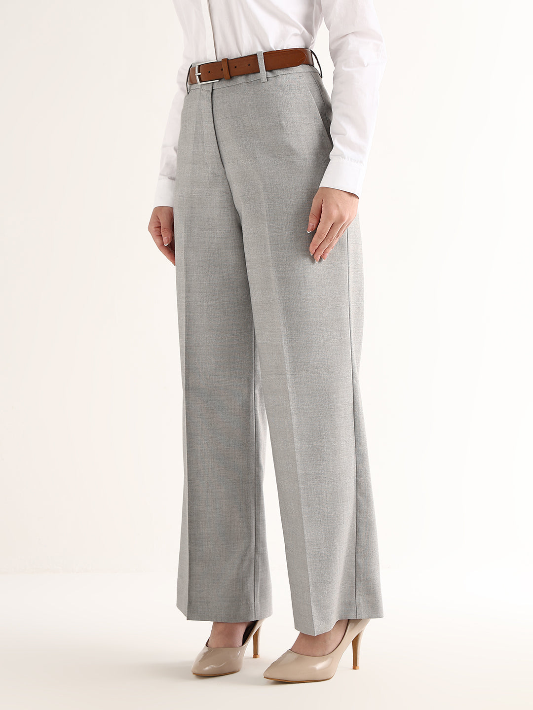 Hancock   Women   Grey   Checks   Viscose Rayon   Wide Leg   Formal   Trouser