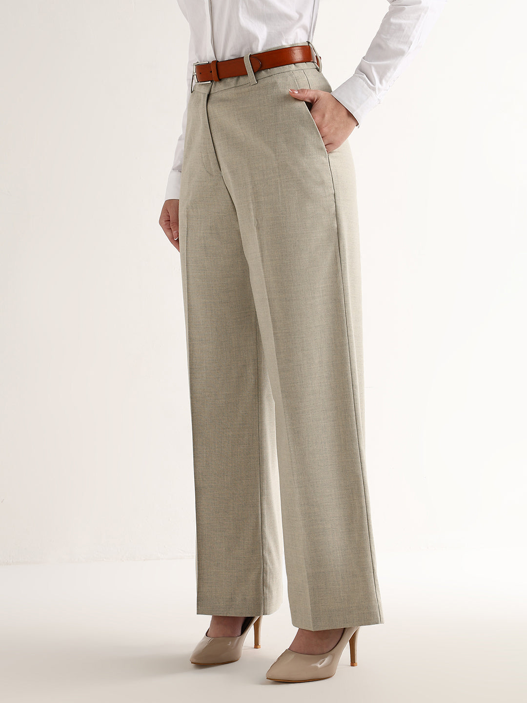Hancock   Women   Beige   Solids   Viscose Rayon   Wide Leg   Formal   Trouser