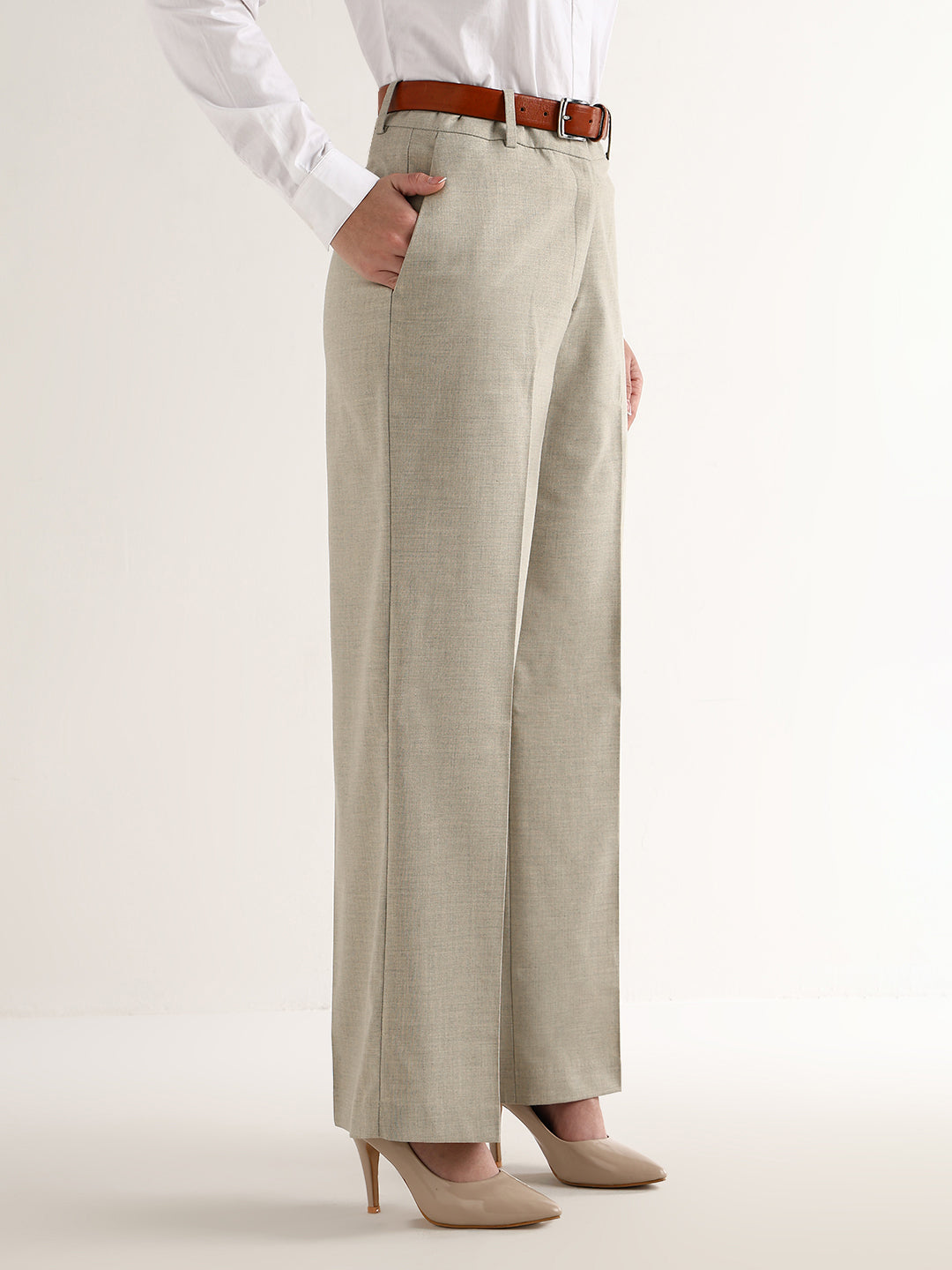 Hancock   Women   Beige   Solids   Viscose Rayon   Wide Leg   Formal   Trouser