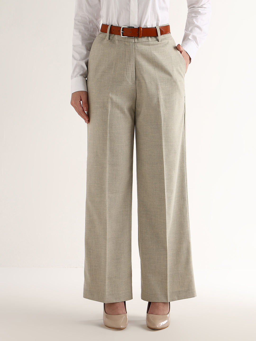 Hancock   Women   Beige   Solids   Viscose Rayon   Wide Leg   Formal   Trouser