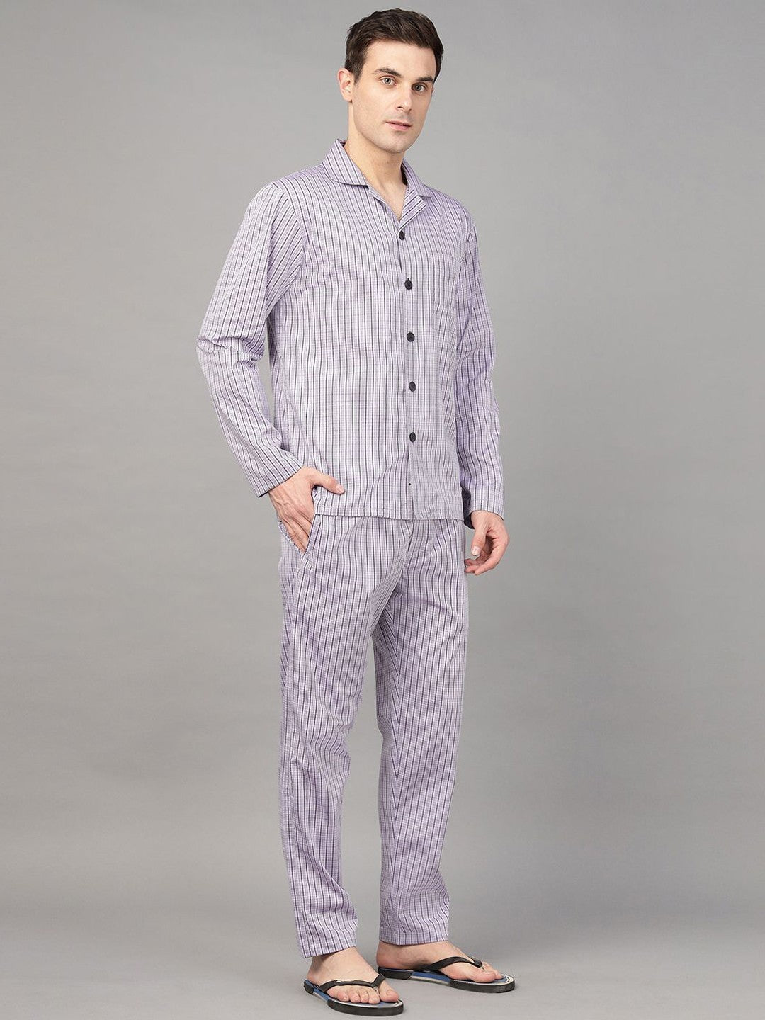 Hancock Men Lavender Check Pure Cotton Relaxed Fit Night Wear Night Suit