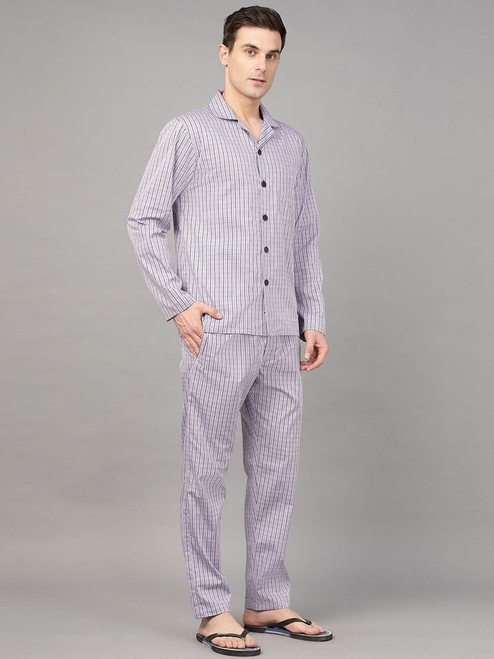 Hancock Men Lavender Check Pure Cotton Relaxed Fit Night Wear Night Suit