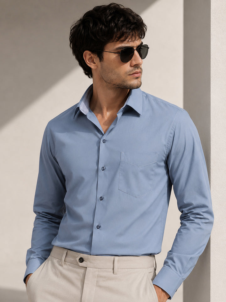 Men Blue & Grey Solids Slim Fit Formal Shirt