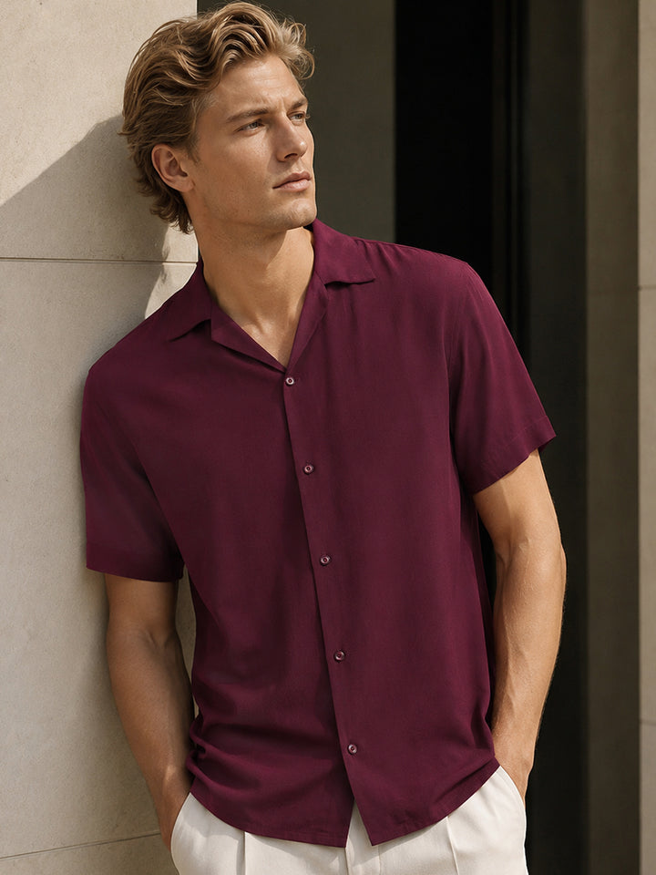 Men Burgundy Solid Viscose Rayon Relaxed Fit Casual Shirt