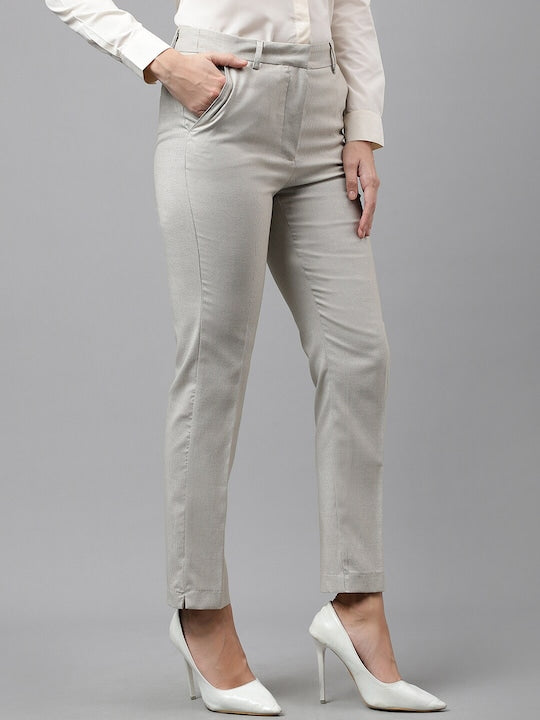 Hancock Women Beige Self Design Flat- Front Ciggarate Fit Formal Trouser