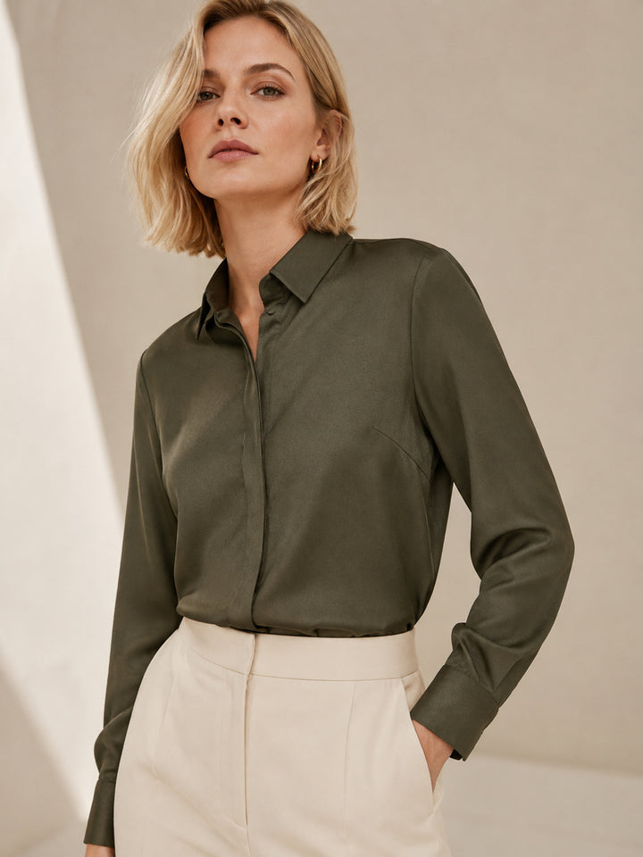 Women Olive Solid Viscose Rayon Regular Fit Formal Shirt