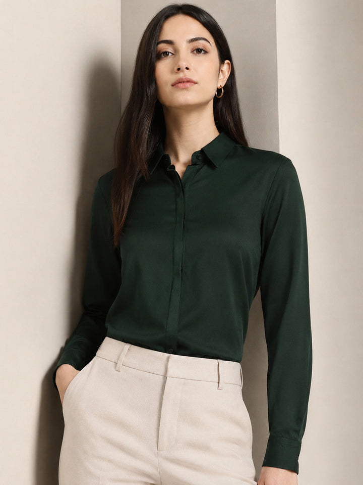 Women Bottel Green Solid Viscose Rayon Regular Fit Formal Shirt