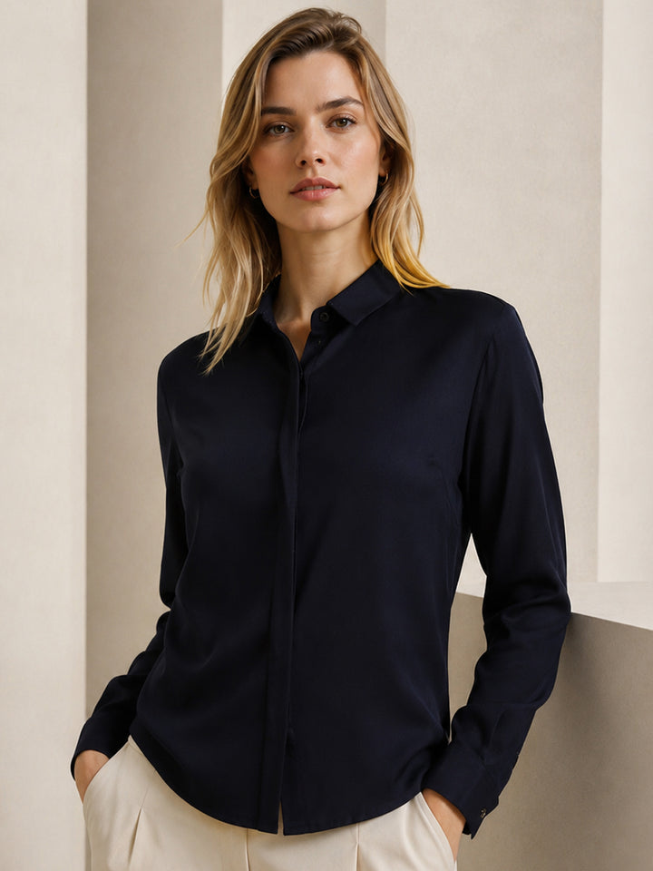 Women Navy Solid Viscose Rayon Regular Fit Formal Shirt