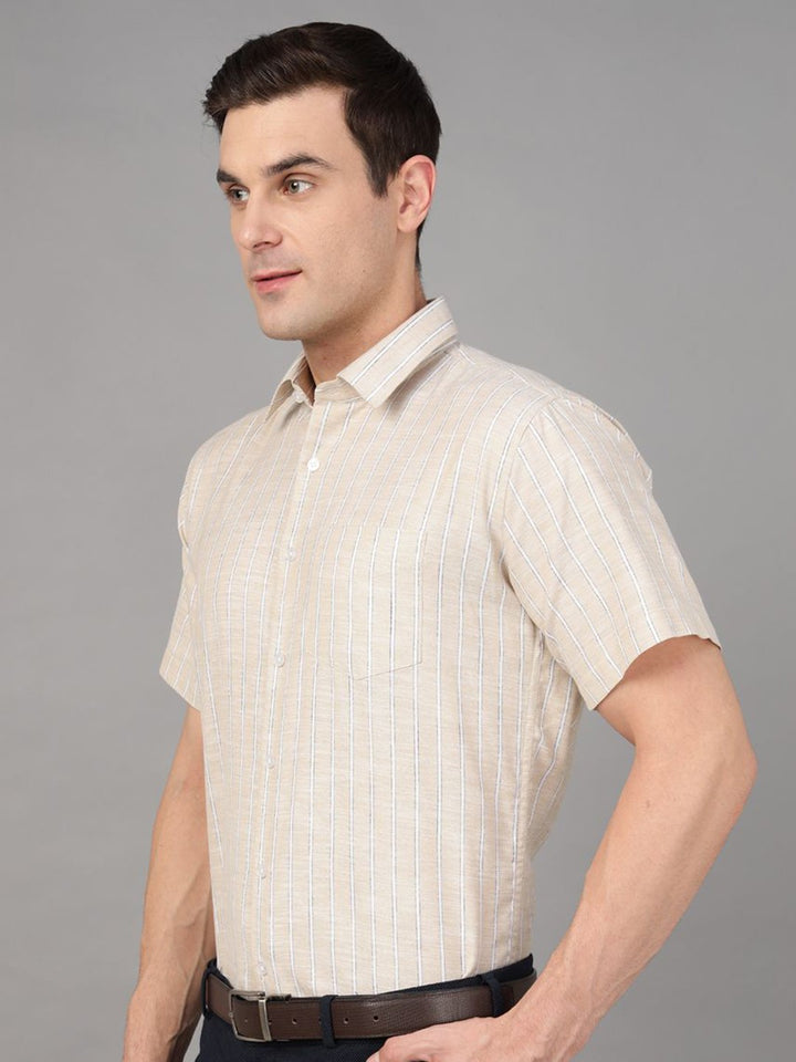 Hancock Men Beige Stripe Pure Cotton Slim Fit Formal Shirt