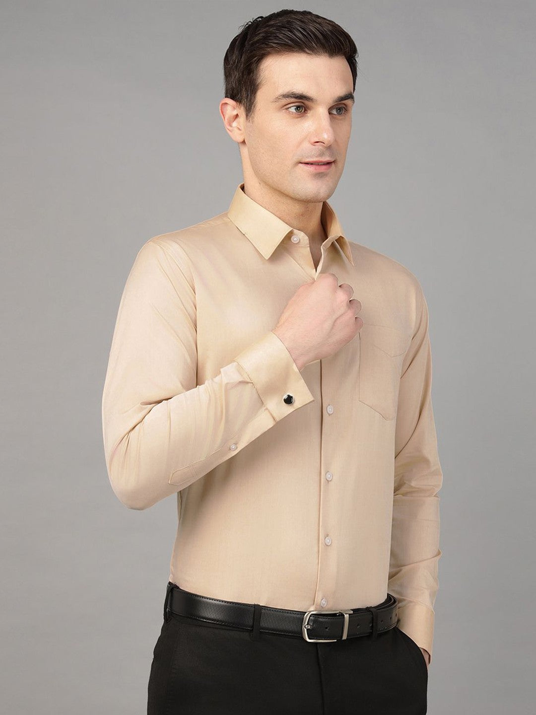 Hancock Men Mustard Solid Pure Cotton Chambray Slim Fit French Cuff Formal Shirt