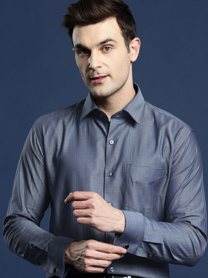 Men Navy Blue Chevron Self Design Pure Cotton Slim Fit Formal Shirt