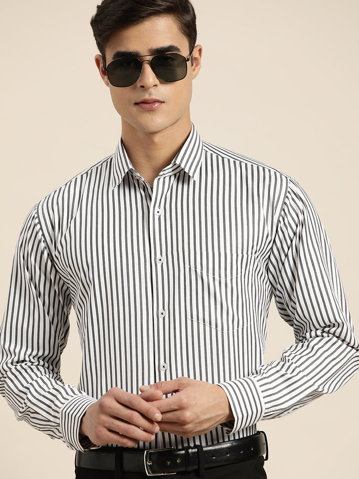 Men White & Grey Stripes Pure Cotton Slim fit Formal Shirt