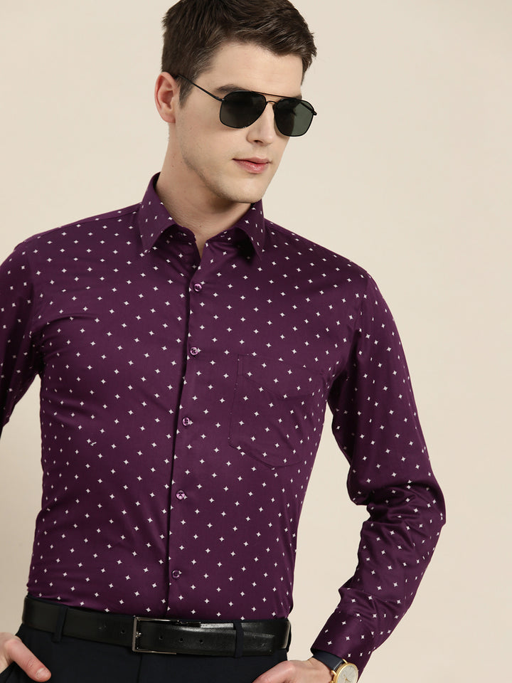 Men Burgundy Print Pure Cotton Slim fit Party Shirt