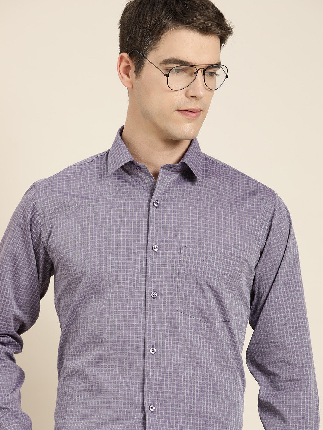 Men Purple Checks Pure Cotton Slim fit Formal Shirt