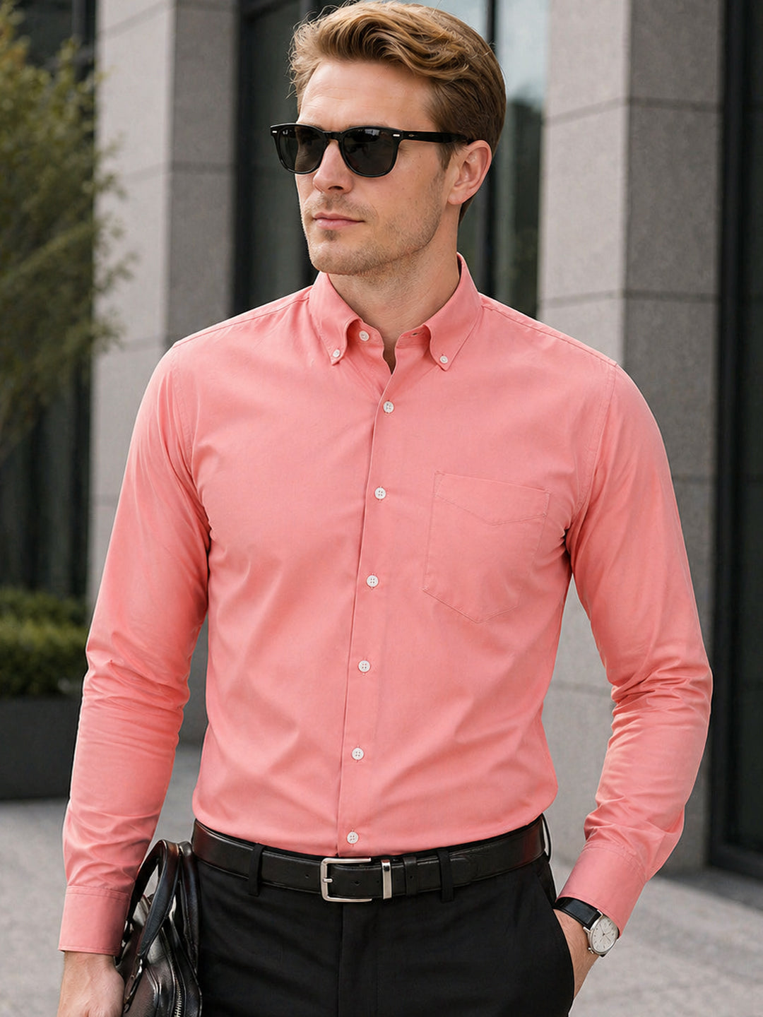 Hancock   Men   Coral Pink   Solids   Pure Cotton   Slim Fit   Formal   Shirt