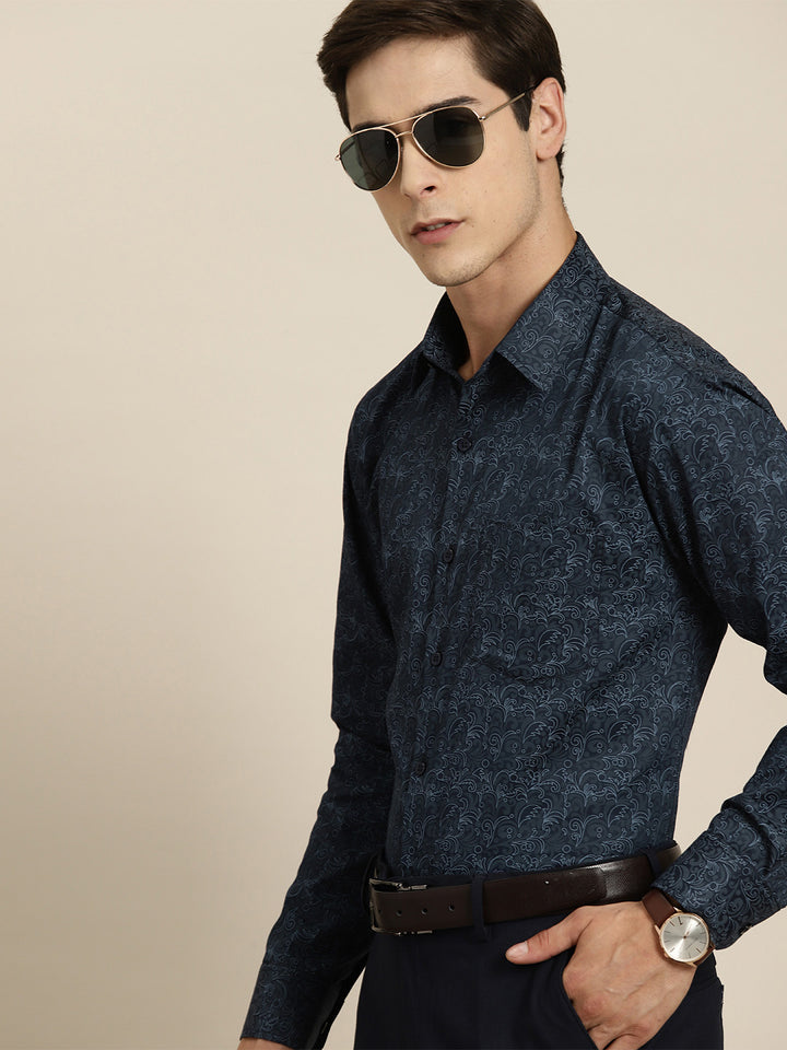 Men Navy Print Pure Cotton Slim fit Party Shirt