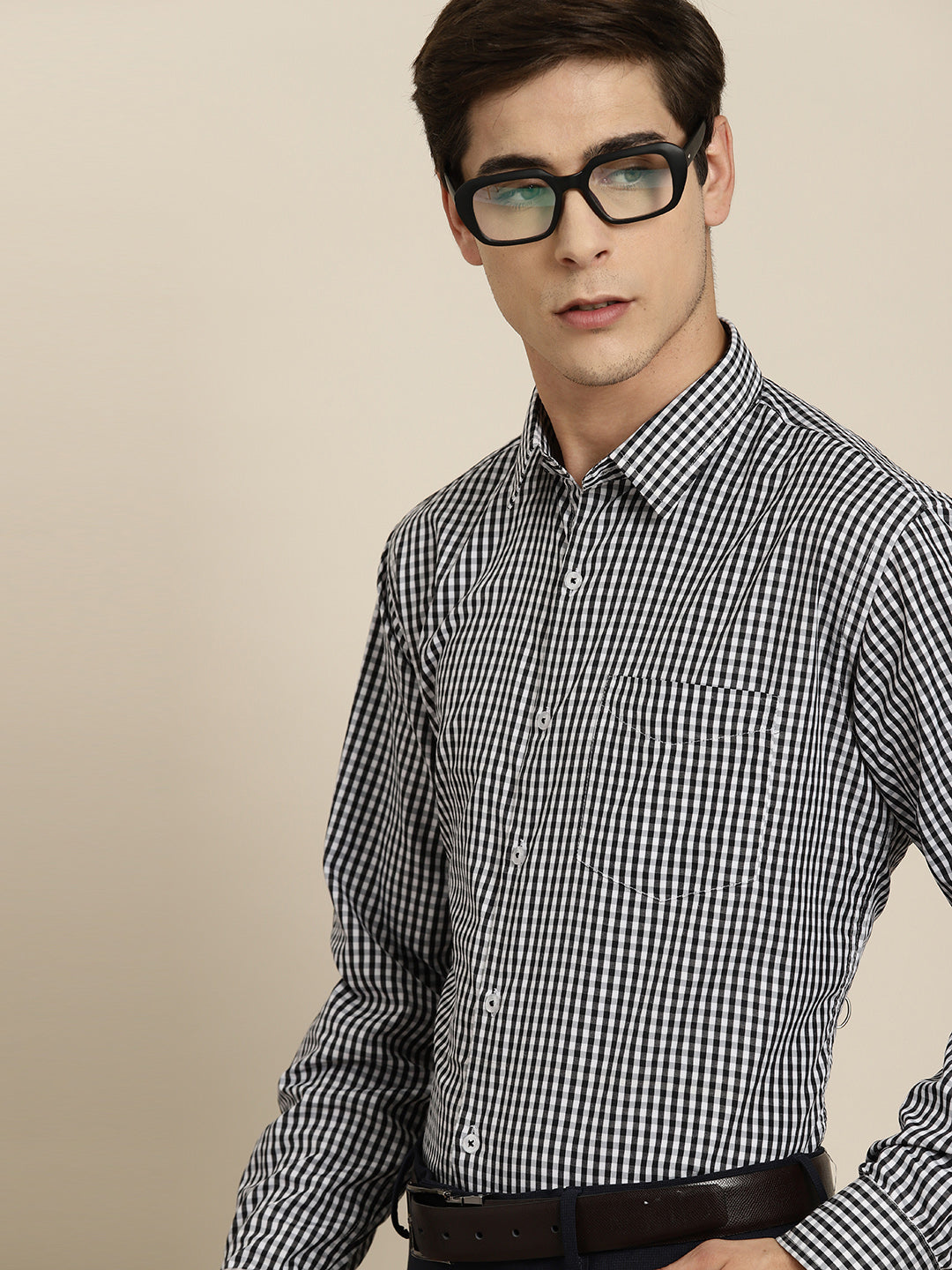 Men Black Gingham Check Cotton Rich Slim fit Formal Shirt