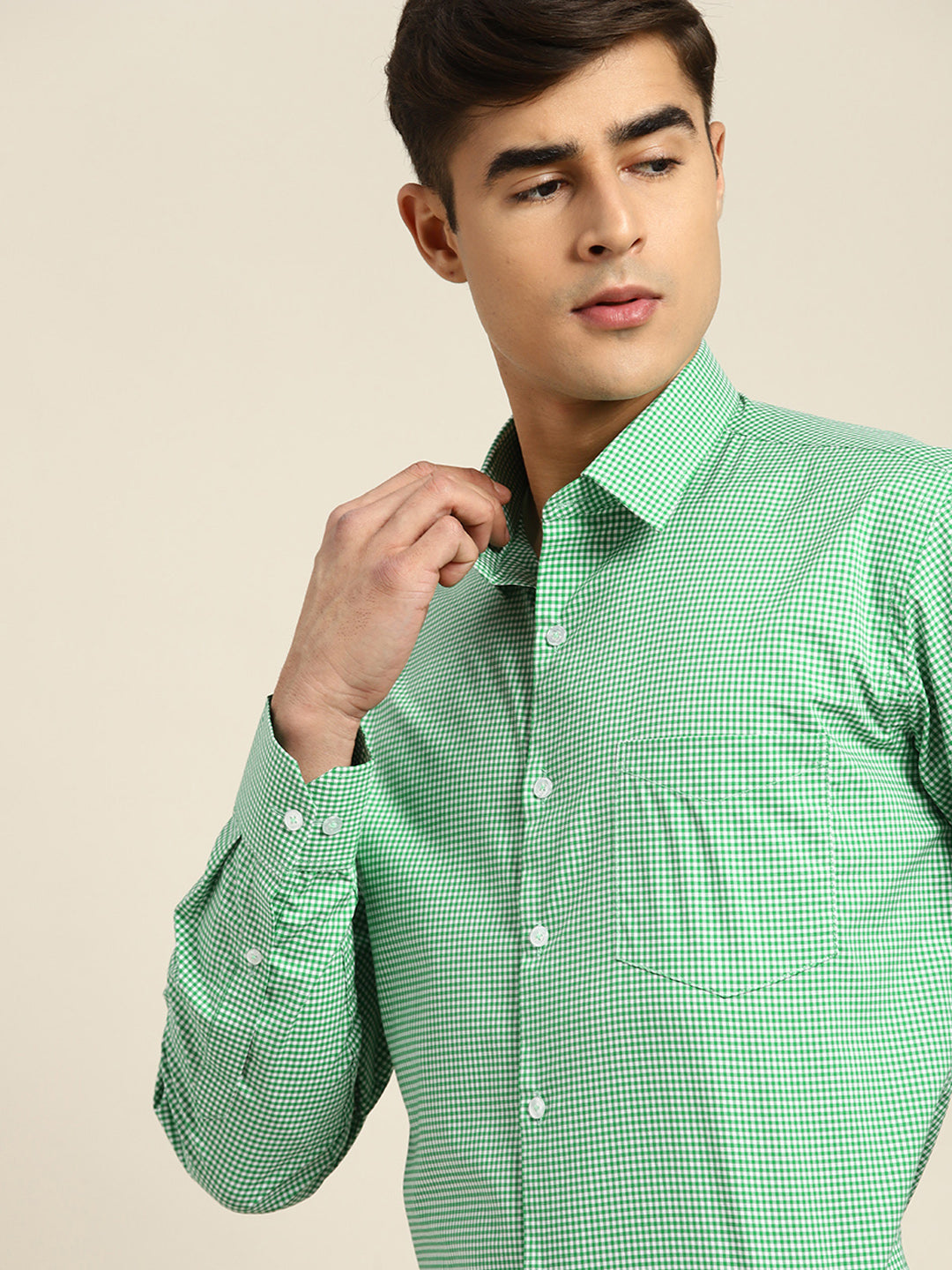 Men Green & white Checks Pure Cotton Slim fit Formal Shirt