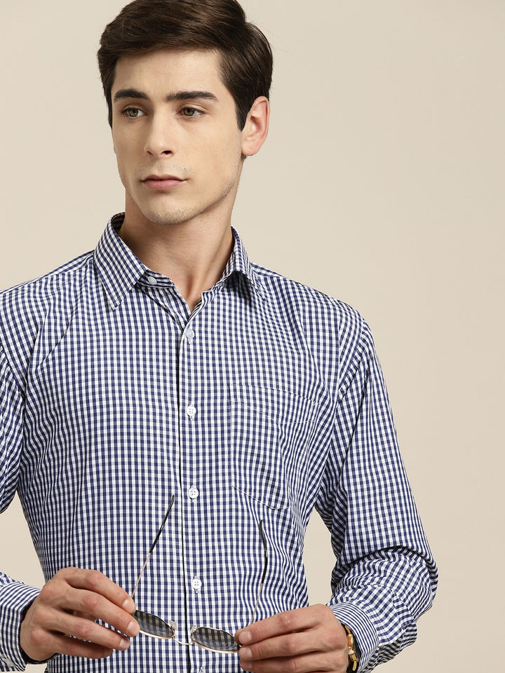 Men Navy Gingham Check Cotton Rich Slim fit Formal Shirt