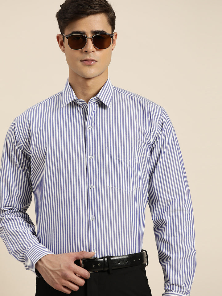 Men Blue  & White Stripes Pure Cotton Regular Fit Formal Shirt