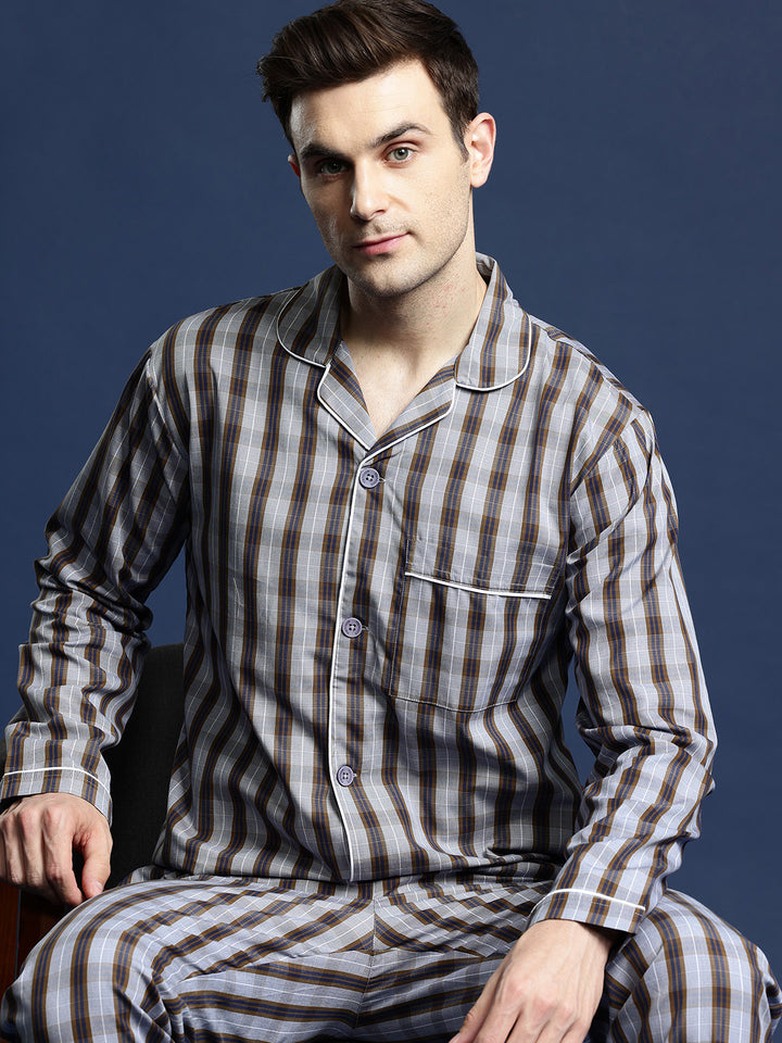 Men Grey & Brown Checked Pure Cotton Relaxed Fit Night Suit