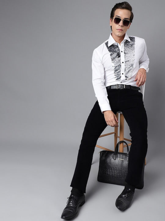 Outfit Mens Slim White Dress Shirt Slim Sateen Long Sleeve Shirt