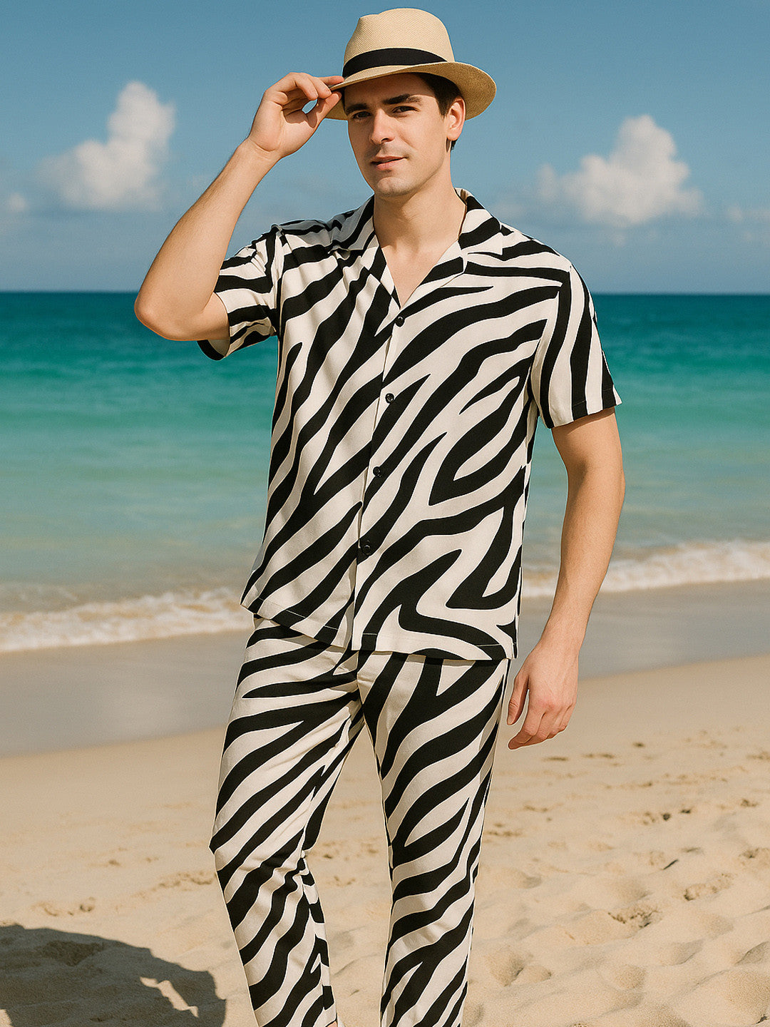 Men White-Black Printed Viscose Rayon Relaxed Fit Casual Co-Ord