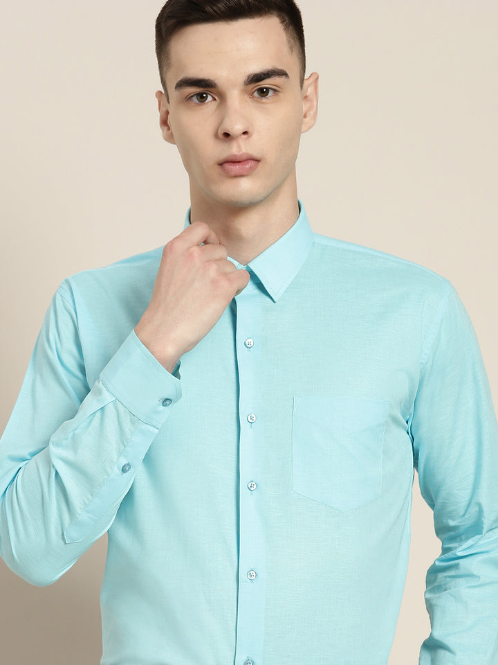 Men Sky Blue Solid Linen Cotton Slim fit Formal Shirt