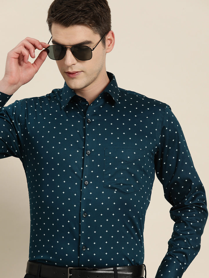 Men Navy Print Pure Cotton Slim fit Formal Shirt