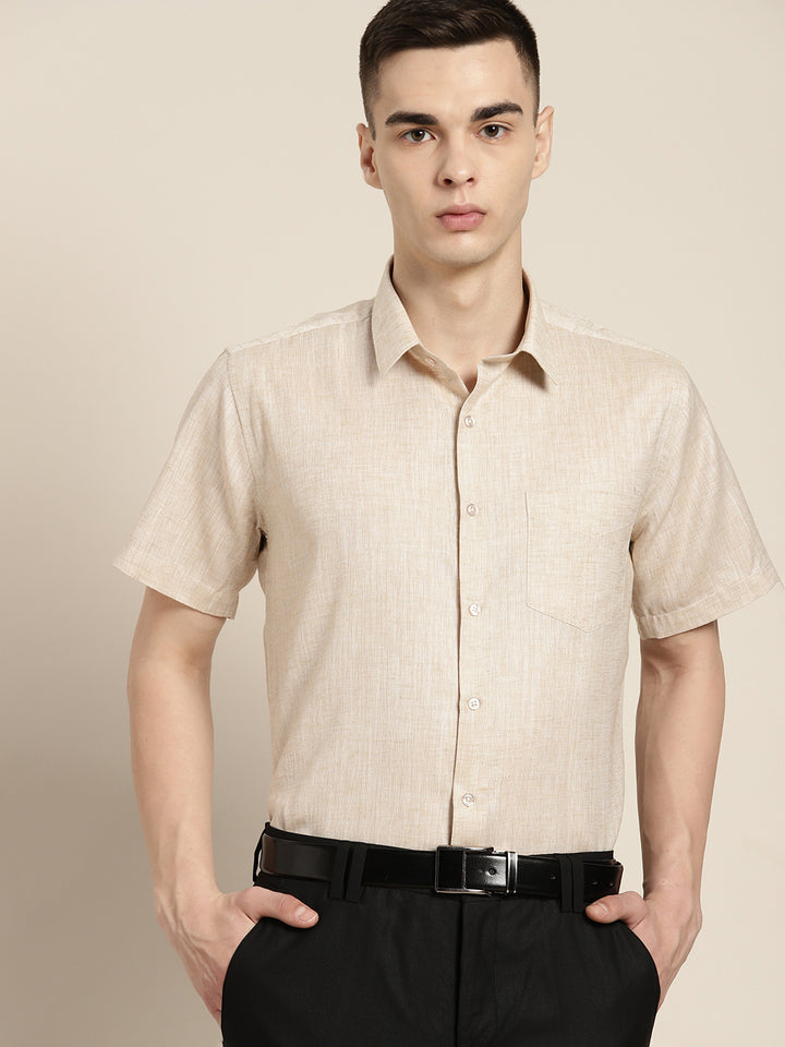 Men Beige Solid Cotton Rich Slim fit Formal Shirt