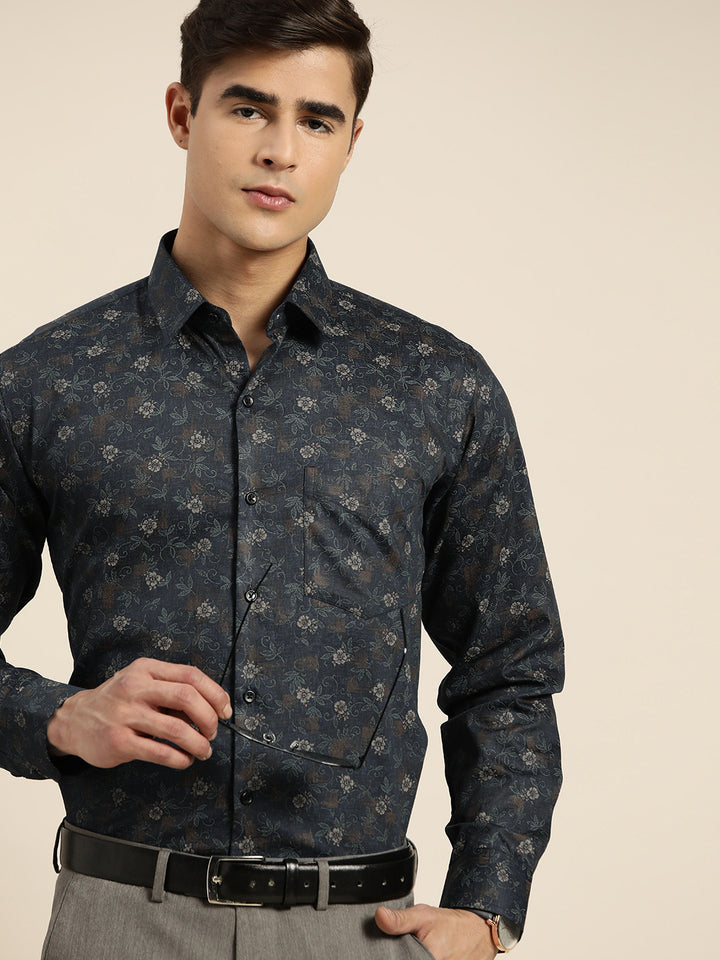 Men Navy Print Pure Cotton Slim fit Party Shirt