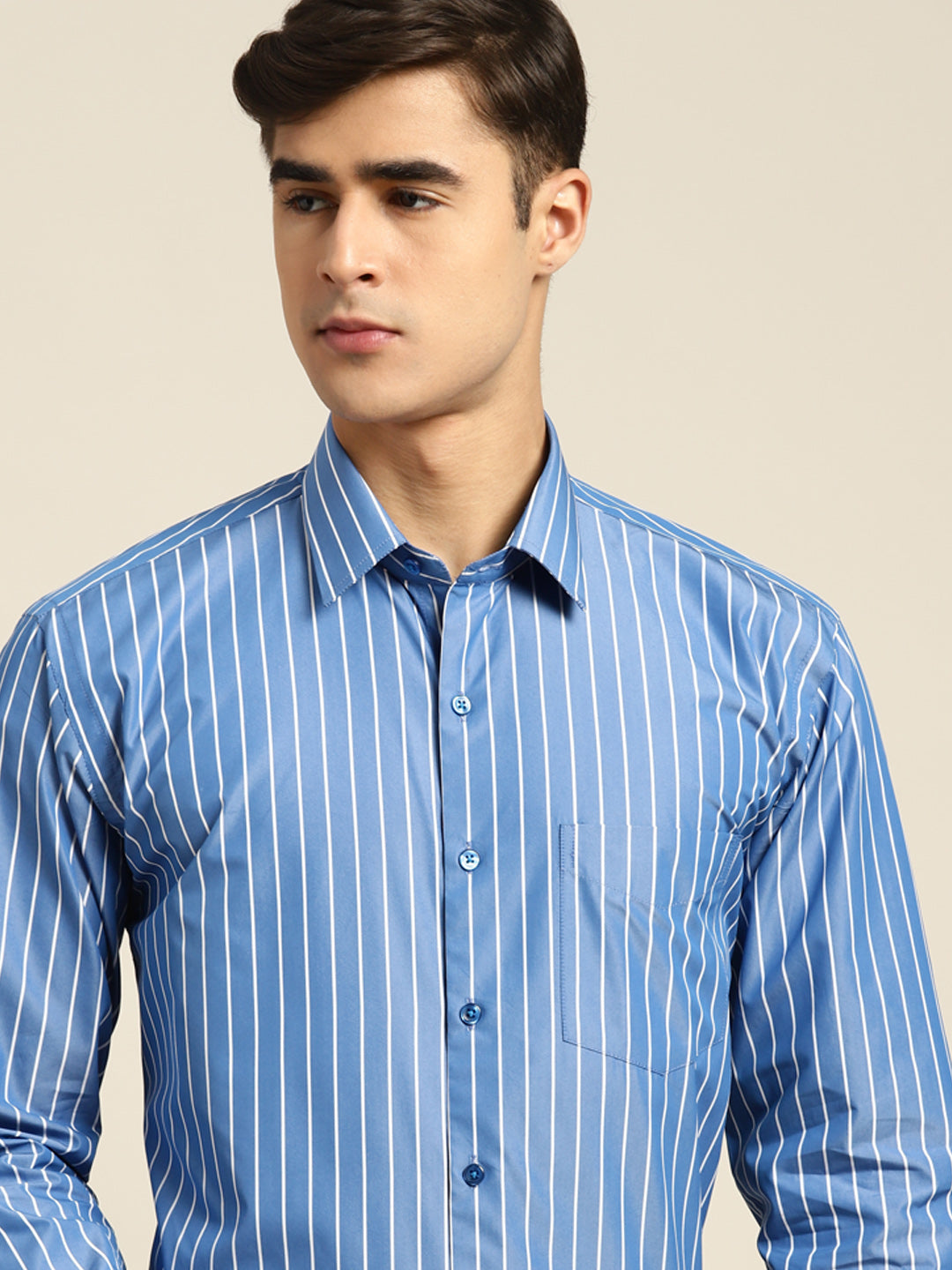 Men Blue Stripes Pure Cotton Slim fit Formal Shirt