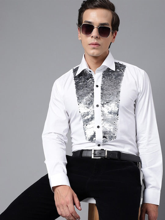 Men White Solid Embellished Sequinned Pure Cotton Slim Fit Party Shirt