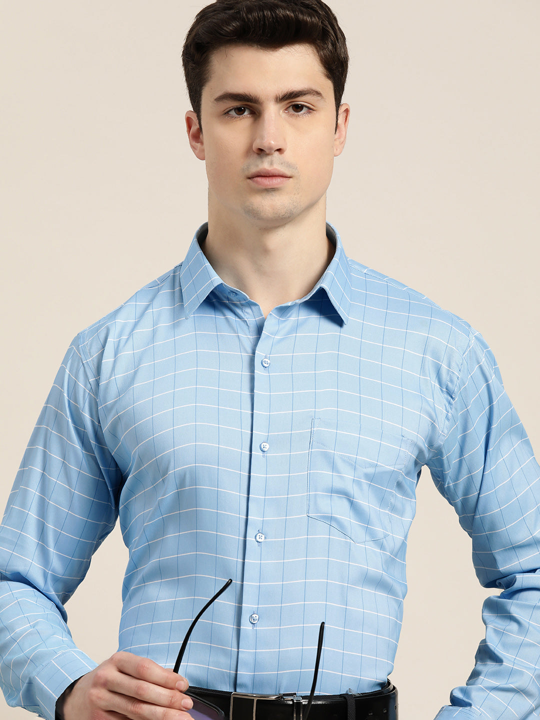 Men Sky Blue Checks Pure Cotton Slim fit Formal Shirt