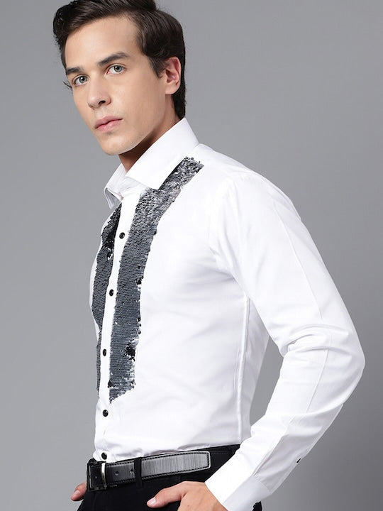 Men White Solid Embellished Sequinned Pure Cotton Slim Fit Party Shirt