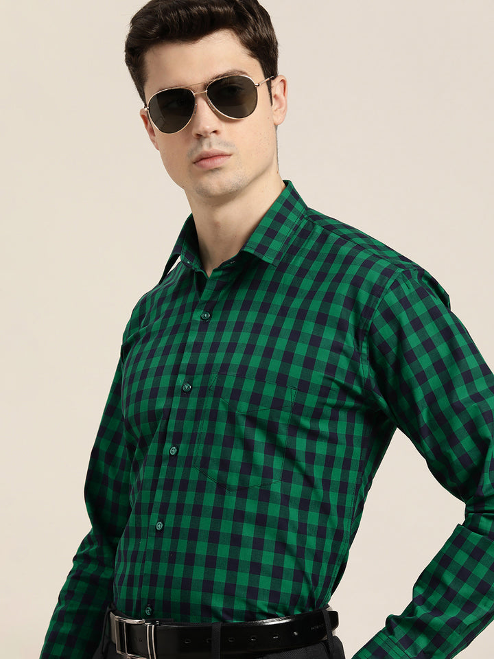 Men Green & Navy Checks Pure Cotton Slim fit Formal Shirt