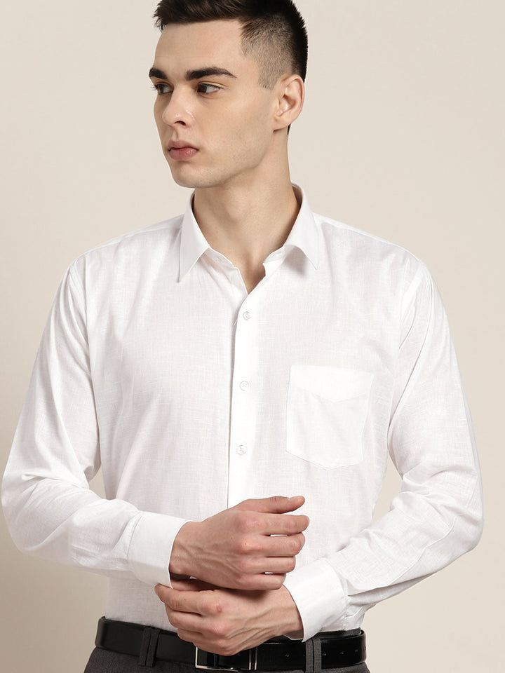 Men White Solid Linen Cotton Slim fit Formal Shirt