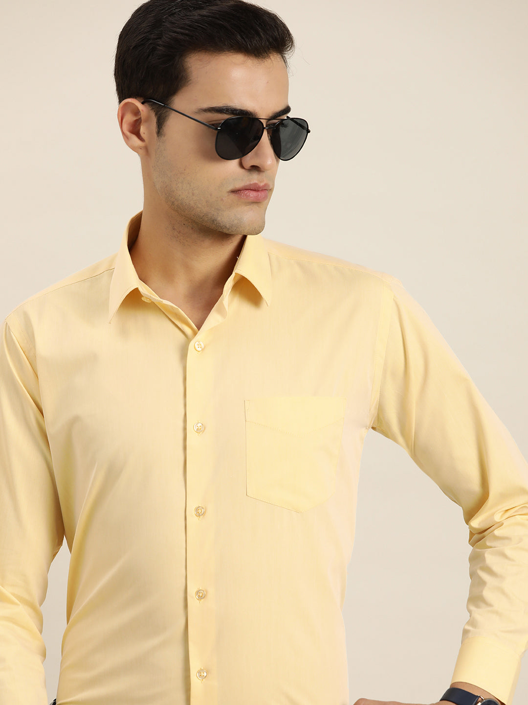 Men Yellow Solid Cotton Rich Slim fit Formal Shirt