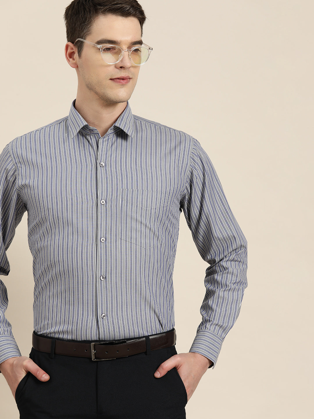 Men Grey & Blue Stripes Pure Cotton Slim fit Formal Shirt