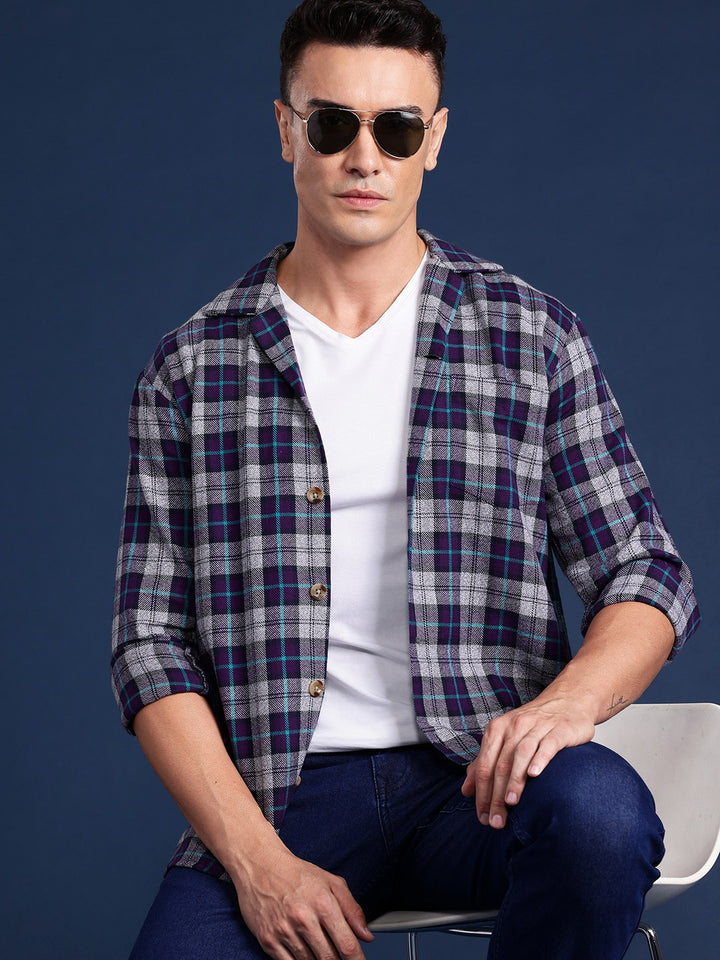 Men Purple Checked Pure Cotton Relaxed Fit Casual Shirt